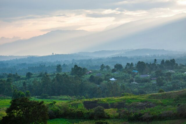 Panorama Fort Portal w Ugandzie z widokiem na zielone wzgórza i góry Rwenzori